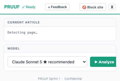 PRUUF browser extension popup showing analysis controls